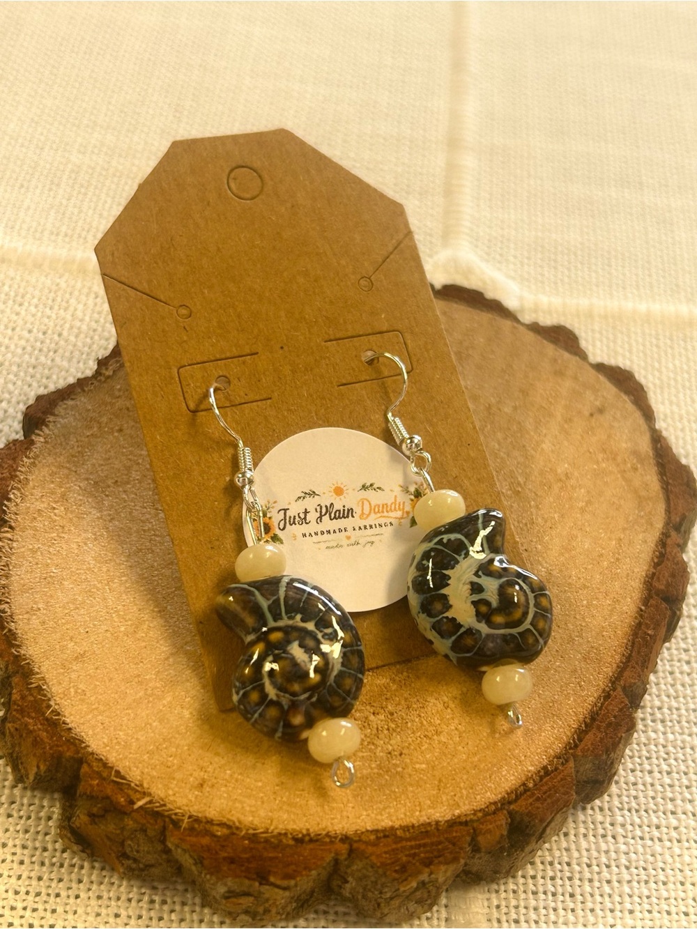 Ammonite Fossil Shell Beaded Dangle Earrings Handmade Boho Jewelry